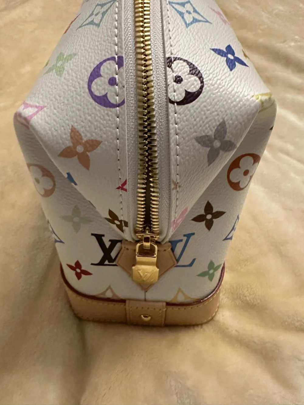 Louis Vuitton White Multicolor Monogram Cosmetic Pouch with Natural Leather Trim - Picture 7 of 10